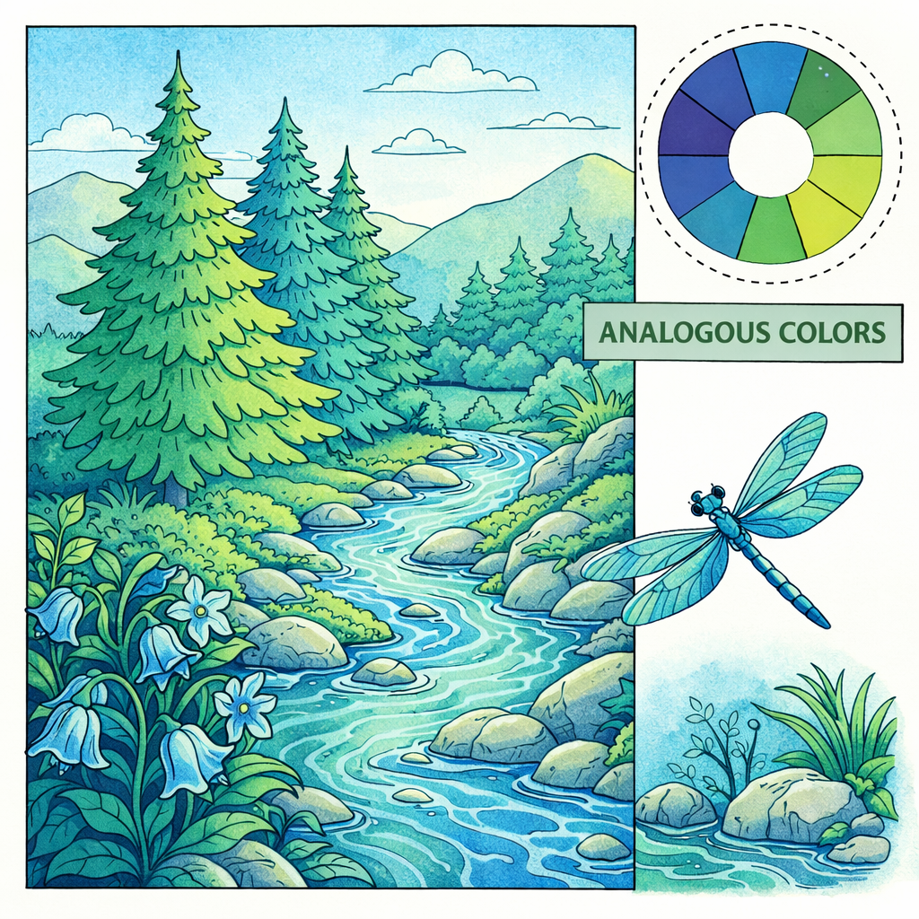 Nature coloring illustration using analogous colors in blue and green tones to show soft blending and visual harmony.