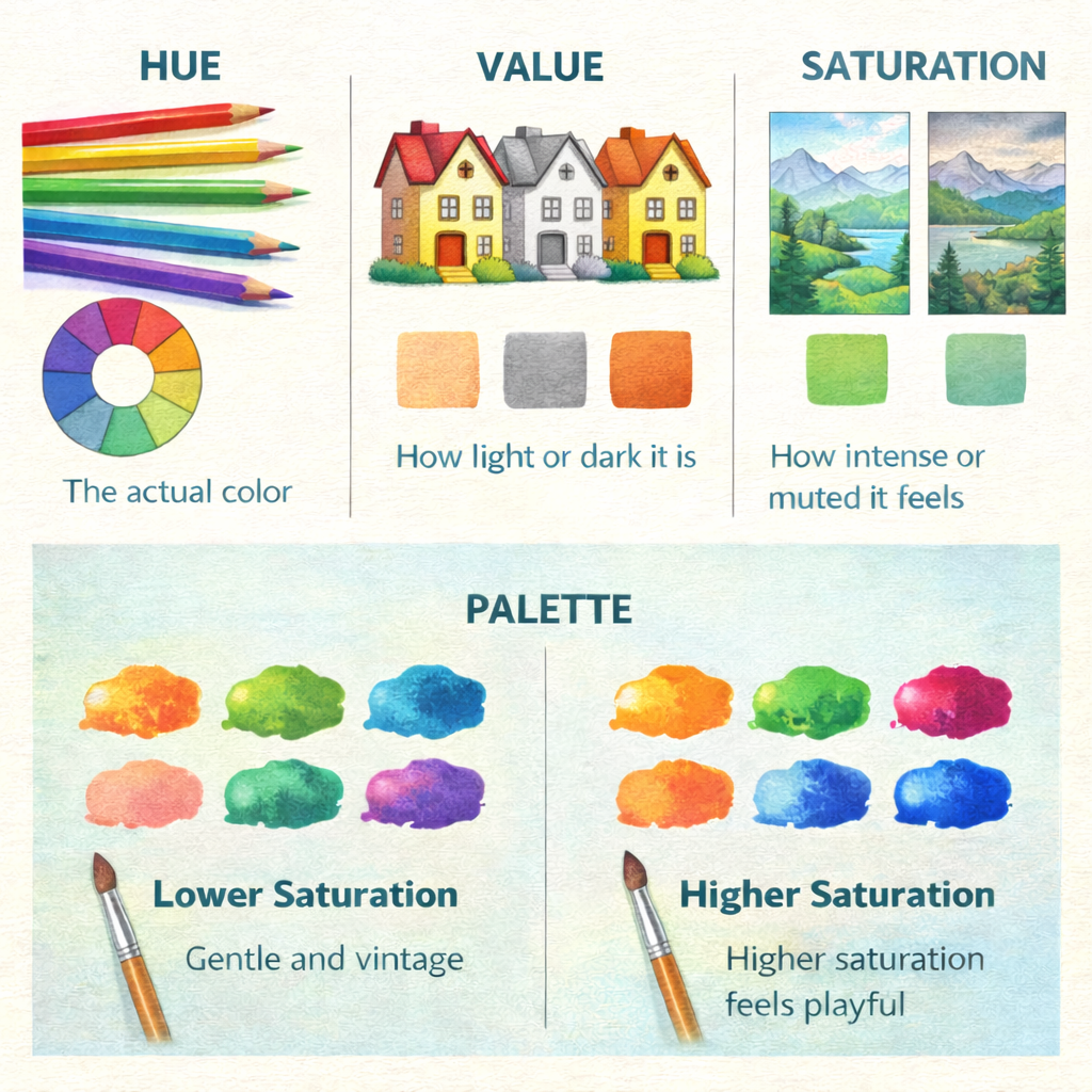 Educational infographic showing hue, value, saturation, and color palette examples for beginner color theory.