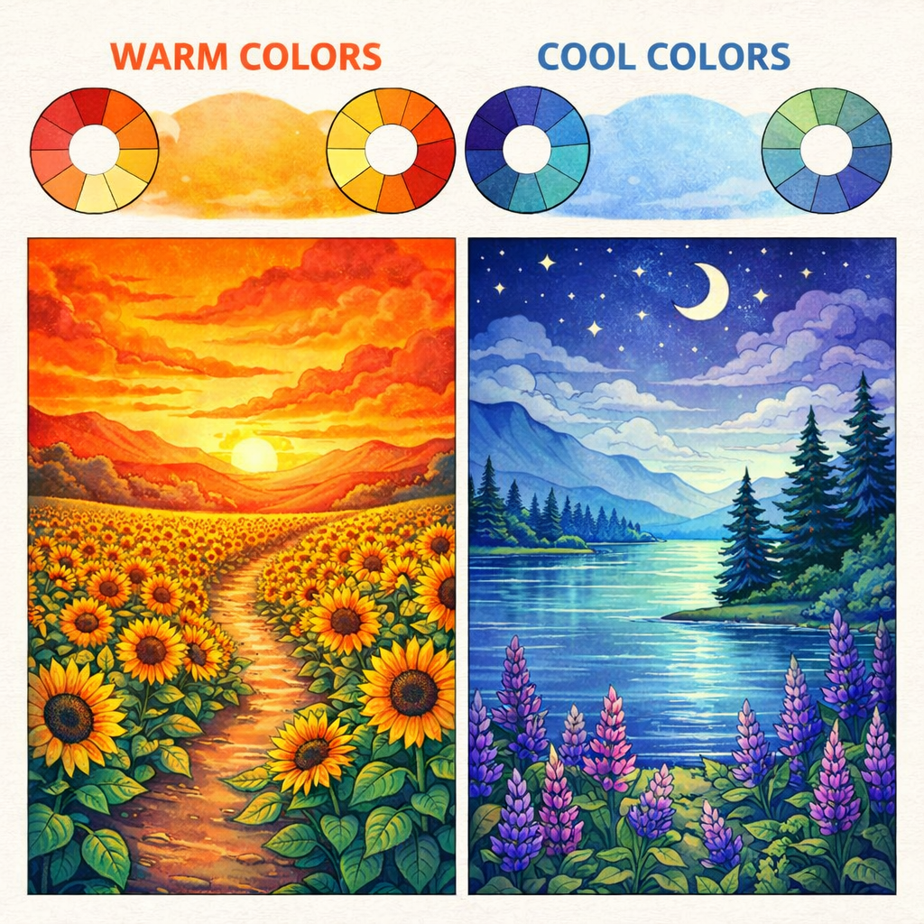 Nature coloring illustration using analogous colors in blue and green tones to show soft blending and visual harmony.