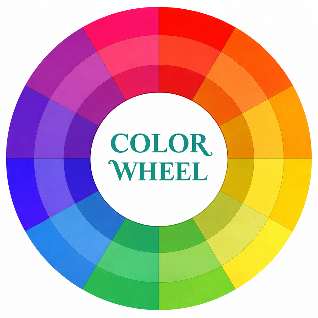 Illustrated color wheel displaying primary, secondary, and tertiary colors arranged in a circle for color theory learning.
