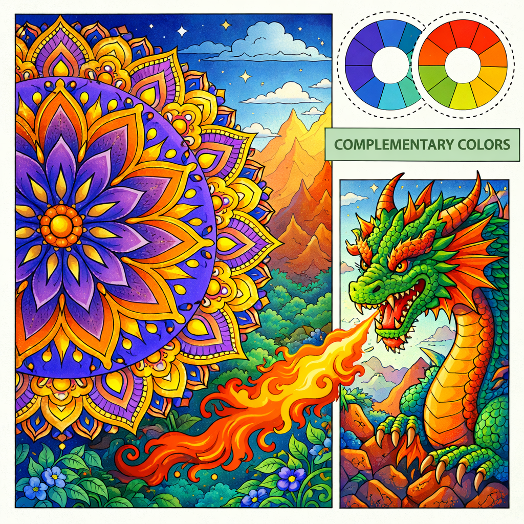 Fantasy coloring page using complementary colors like blue and orange to demonstrate strong contrast and visual impact.